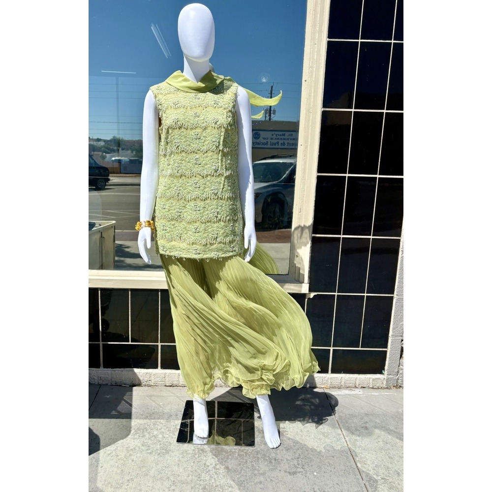 VTG 60s Jack Bryan Chiffon Party Set Pleated Pants & Top Chartruse Mod Mcm GoGo